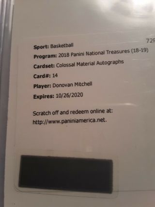 Donovan Mitchell 2018 - 19 National Treasures Colossal Material Autograph Redempt