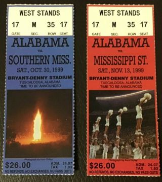 Alabama Crimson Tide 1999 Mississippi State Southern Mississippi 2 Ticket Stubs