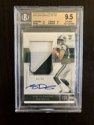 2018 National Treasures Sam Darnold Rookie Patch Autograph Auto Rc /99 Bgs 9.  5