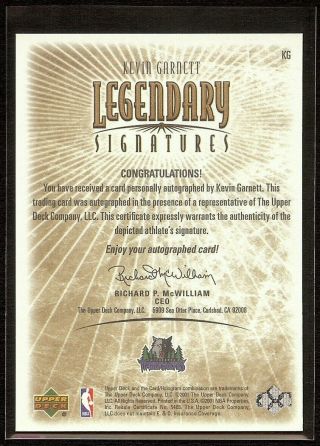 2001 - 02 Kevin Garnett SP Legends Legendary Signatures Autograph Auto Upper Deck 7