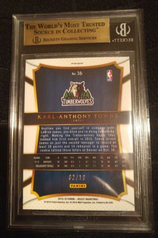 2015 - 16 Panini Select KARL ANTHONY TOWNS GOLD Prizm REFRACTOR Bgs 9.  5 3