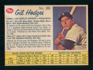 1962 Post Cereal Canadian Baseball 101 Gil Hodges 15471