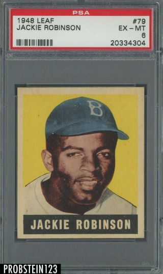 1948 Leaf 79 Jackie Robinson Brooklyn Dodgers Rc Rookie Hof Psa 6 Bold Image