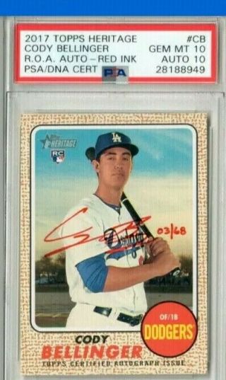 2017 Topps Heritage Real One Red Ink Cody Bellinger Rc Auto 3/68 Psa 10 Dodgers