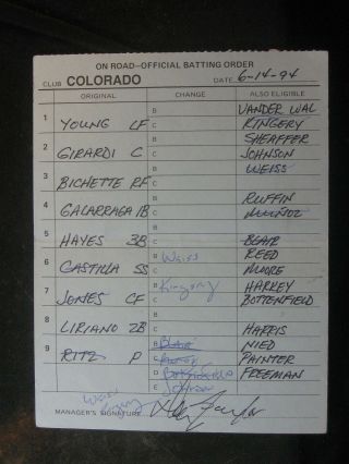 6/14/94 Don Baylor Signed Colorado Rockies Game Lineup Umpire Card 194