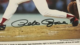 Pete Rose Signed 14x24 Newspaper Print Breaks Ty Cobb Total Hits Record JSA 2