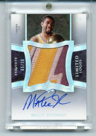 Magic Johnson 2004 - 05 Ud Exquisite Limited Logos On - Card Auto Patch 05/50