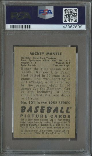 1952 Bowman 101 Mickey Mantle HOF York Yankees PSA 3.  5 VG,  CENTERED 2