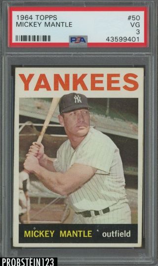 1964 Topps 350 Mickey Mantle York Yankees Hof Psa 3 Vg