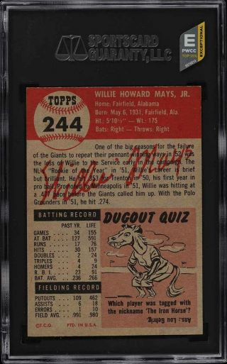 1953 Topps Willie Mays SHORT PRINT 244 SGC 8 NM - MT (PWCC - E) 2