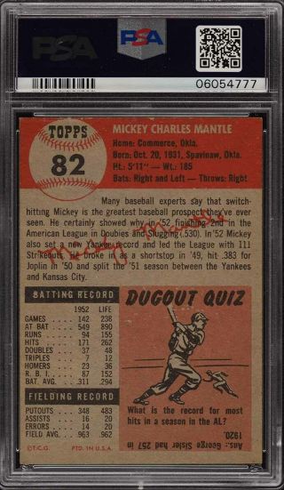 1953 Topps Mickey Mantle SHORT PRINT 82 PSA 7 NRMT (PWCC) 2