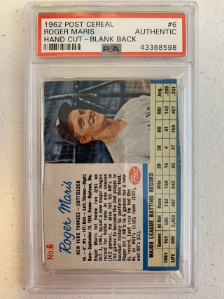 1962 Roger Maris Post Cereal 6 Hand Cut - Blank Back Psa Authentic 43368598