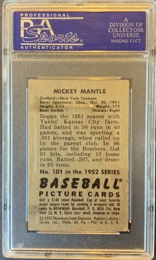 1952 Bowman Mickey Mantle 101 PSA 4 VGEX 2
