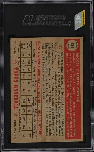 1952 Topps Mickey Mantle 311 SGC 5 EX (PWCC - A) 2