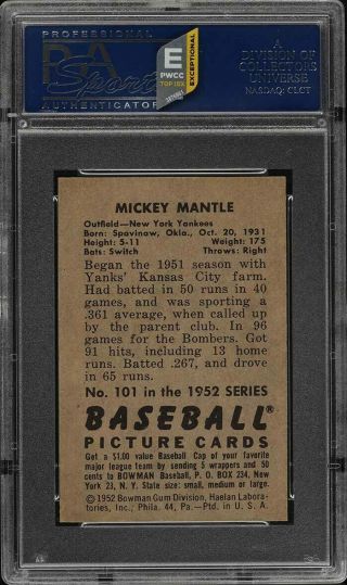 1952 Bowman Mickey Mantle 101 PSA 5.  5 EX,  (PWCC - E) 2