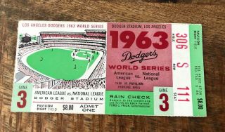 1963 World Series Game 3 Ticket Stub Yankees Los Angeles Dodgers