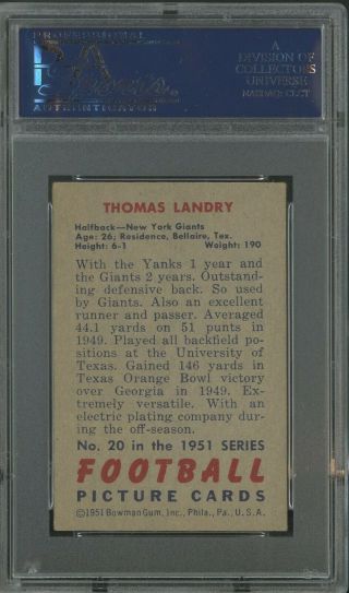 1951 Bowman Football 20 Tom Landry Giants RC Rookie HOF PSA 4 VG - EX 2