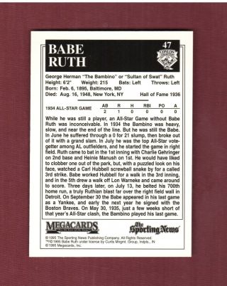 47 BABE RUTH,  1934 Yankees | Conlon color card 1995 The Sporting News/Megacards 2