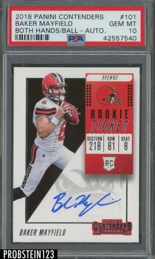2018 Contenders Rookie Ticket Both Hands Baker Mayfield Rc Auto Ssp Psa 10