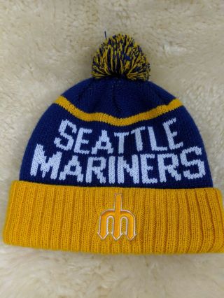 47 Brand Seattle Mariners Retro Trident Logo Pom Beanie Hat Cap Blue Yellow