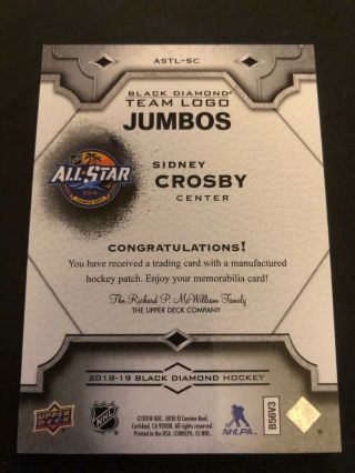 2018 - 19 UD Black Diamond SIDNEY CROSBY Team Logo Jumbos,  NHL ALL - STAR 2