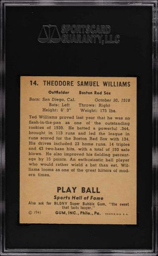1941 Play Ball Ted Williams 14 SGC 8 NM - MT (PWCC) 2