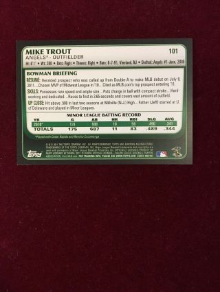 2011 Bowman Draft 101 Mike Trout RC ROOKIE Card Must Have For Trout Collectors 4