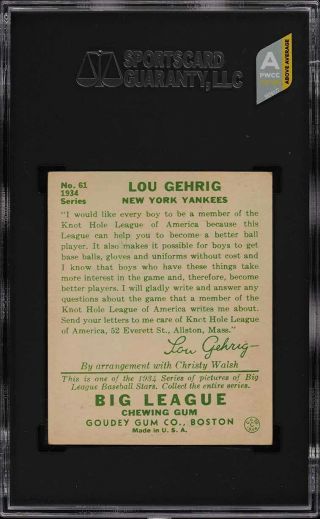 1934 Goudey Lou Gehrig 61 SGC 5.  5 EX,  (PWCC - A) 2