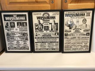 Framed Set Of Three 11x17 Wrestling Posters Wwf Wrestlemania 1 2 3 Hulk Hogan
