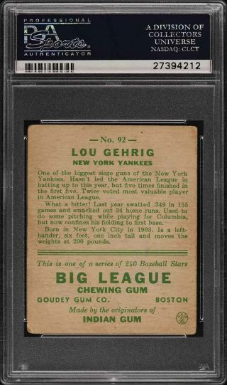 1933 Goudey Lou Gehrig 92 PSA 2.  5 GD,  (PWCC) 2