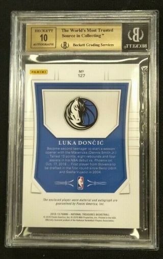 2018 - 19 NATIONAL TREASURES ROOKIE PATCH AUTO LUKA DONCIC 71/99 BGS 9.  5 AUTO 10 2