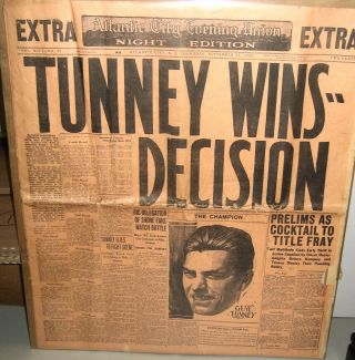 Sept 23 1926 Tunney Wins Decision Atlantic City Evening Union 19x23 Newspaper