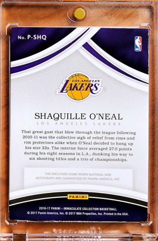 2016 - 17 Immaculate Shaquille O’Neal Lakers HOF Legend 3C Patch Auto 25/40 2