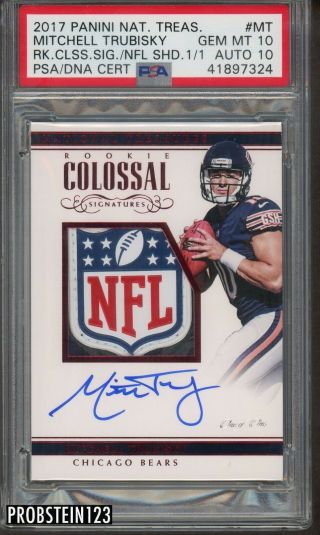 2017 National Treasures Mitchell Trubisky Rc Nfl Shield Patch Auto 1/1 Psa 10