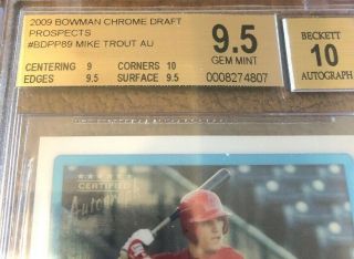 2009 Bowman Chrome Draft Prospects Mike Trout Rookie Auto Gem 9.  5 10 Angels 3