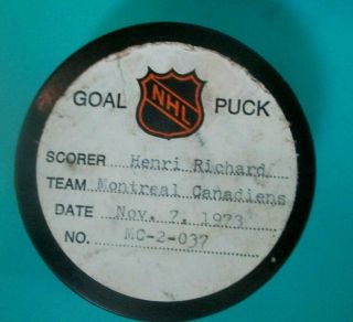 1973 Henri Richard NHL Game Goal Scored Puck Toronto Maple Leafs 3