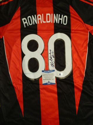 Autographed/signed Ronaldinho Ac Milan Red/black Soccer Jersey Beckett Bas