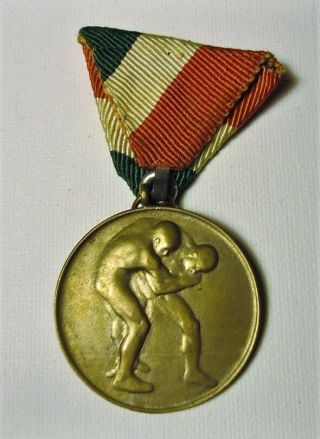 Antique Italian Wrestling Bronze Medal 1st Place Red/wht/grn Ribbon Ireland