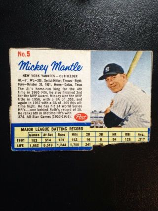 1962 Post Baseball Card 5 Mickey Mantle Yankees