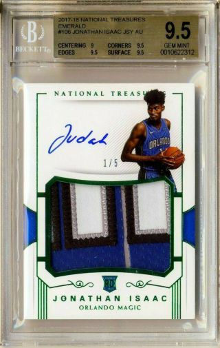 Bgs 9.  5 2017 - 18 National Treasures Emerald Jonathan Isaac Auto Patch Rc Sp 1/5