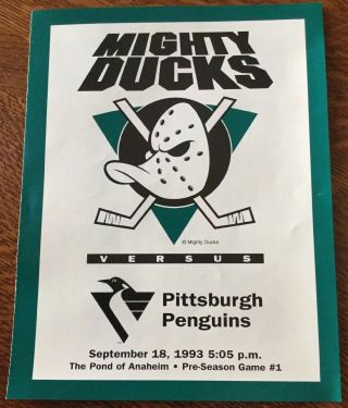 Mighty Ducks Of Anaheim Pre - Season Sep 18,  1993 Vs Pittsburgh Penguins Roster