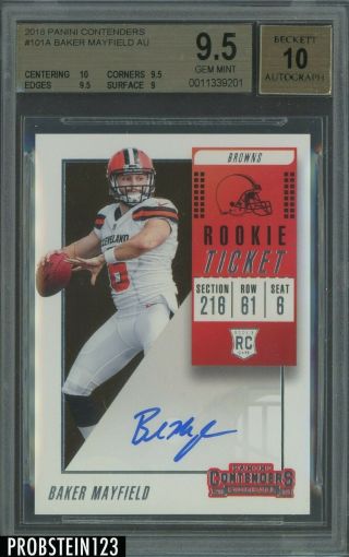 2018 Contenders Rookie Ticket Baker Mayfield Browns Rc Rookie Auto Bgs 9.  5 W/ 10