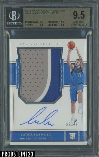 2018 - 19 National Treasures Luka Doncic Rpa Rc 3 - Color Patch Auto 97/99 Bgs 9.  5