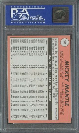 1969 Topps 500 Mickey Mantle York Yankees HOF PSA 9 