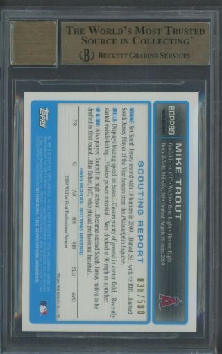 2009 Bowman Chrome Refractor Mike Trout Angels RC AUTO /500 BGS 9.  5 w/ (2) 10 ' s 2