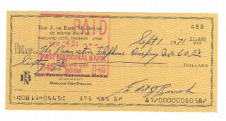 Autographed Signed Edd J.  Roush Hall Of Famer Personal Check