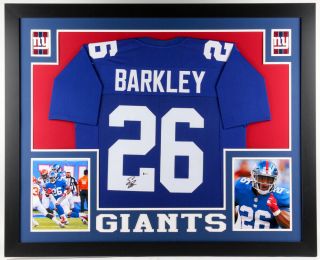 Saquon Barkley Signed York Giants 35x43 Custom Framed Jersey (beckett)