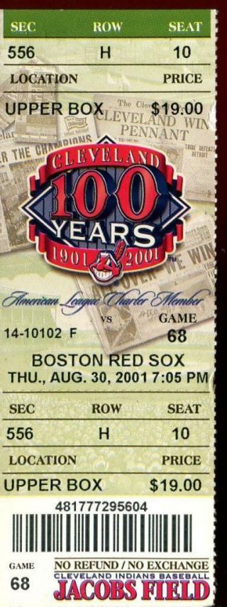 Baseball Ticket Cleveland Indians 2001 8/30 Boston Red Sox