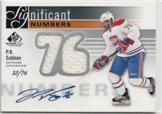 2011 - 12 Sp Game Significant Numbers Jersey Autograph P.  K.  Subban 32/76