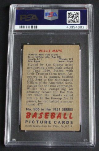 1951 Bowman Willie Mays ROOKIE RC 305 PSA 2 GD 2
